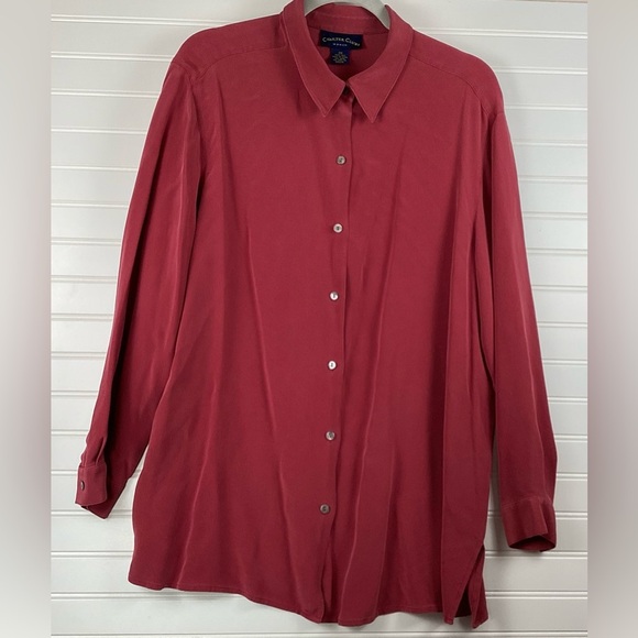 Charter Club 100%Silk Long Sleeve Armpit Burgundy Button Down Shirt Size 2X - Picture 2 of 7